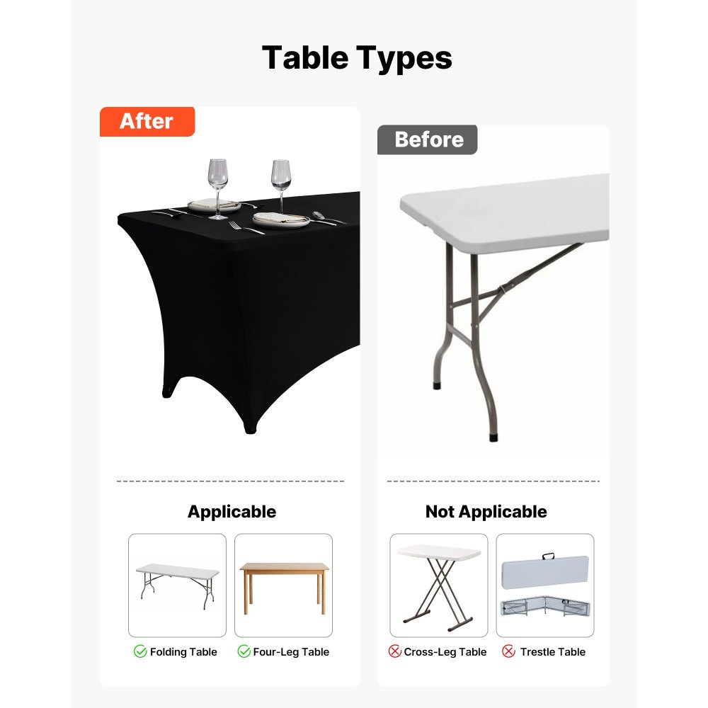 VEVOR 6-pakning duk til 2,4 meter rektangulært, tilpasset arrangementer, rynkebestandig, stretchig, svart bordduk, vaskbar spandex-dukbeskytter, til fest, bryllup, cocktail, bankett, festival