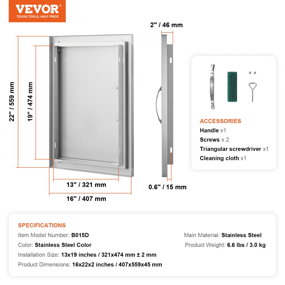 VEVOR BBQ Access Door, 407x559 mm Single Outdoor Kitchen Door, Stainless Steel Flush Mount Door, Wall Vertical Door with Handle, for BBQ Island, Grilling Station, Outside Cabinet