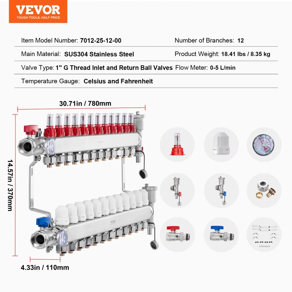 VEVOR 12-grenet strålevarmemanifold, 1/2" PEX-rørmanifold, PEX-manifold i rustfritt stål for vannbasert gulvvarme, PEX-strålevarmemanifoldsett med 1/2" adaptere inkludert
