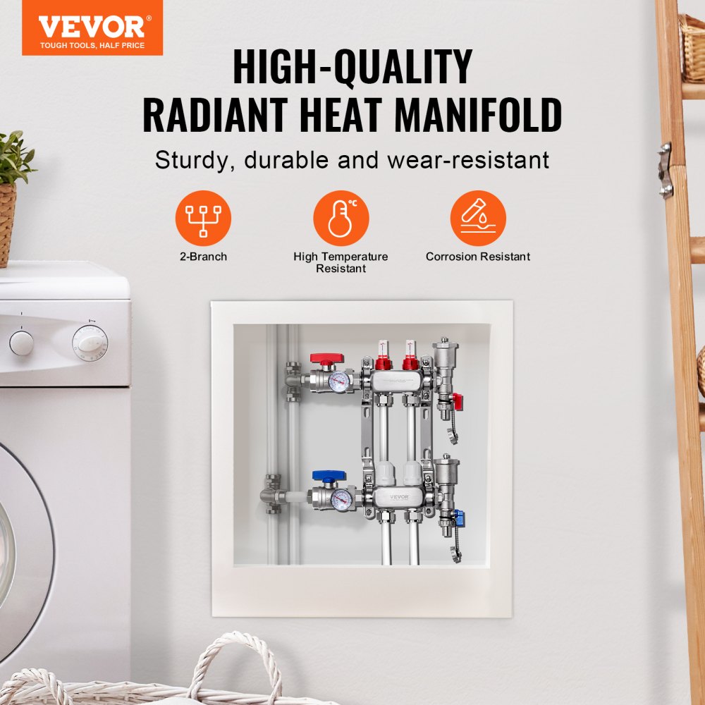 VEVOR 2-grenet strålevarmemanifold, 1/2" PEX-rørmanifold, PEX-manifold i rustfritt stål for vannbasert gulvvarme, PEX-strålevarmemanifoldsett med 1/2" adaptere inkludert