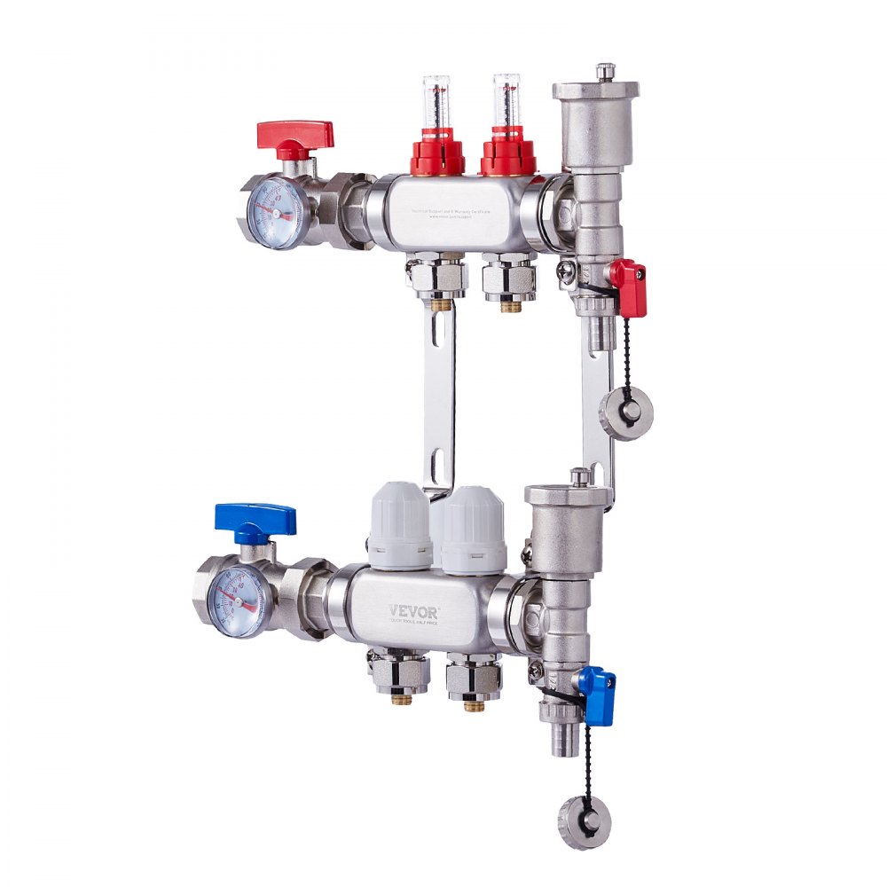 VEVOR 2-grenet strålevarmemanifold, 1/2" PEX-rørmanifold, PEX-manifold i rustfritt stål for vannbasert gulvvarme, PEX-strålevarmemanifoldsett med 1/2" adaptere inkludert