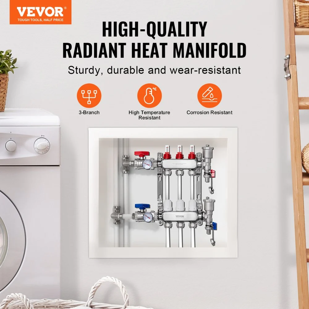 VEVOR 3-grenet varmestrålemanifold, 1/2" PEX-rørmanifold, PEX-manifold i rustfritt stål for vannbasert gulvvarme, PEX-varmestrålemanifoldsett med 1/2" adaptere inkludert