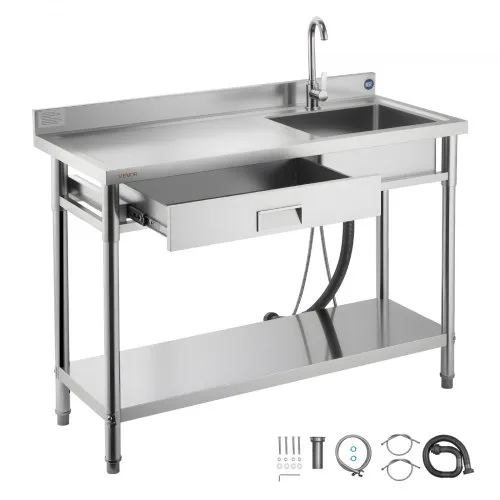 VEVOR kjøkkenvask i rustfritt stål, rullende kjøkkenvask med én kum, skuff, kran og varmt- og kaldtvannsrør, servant for garasje, restaurant, vaskerom, 1200 x 500 x 940 mm