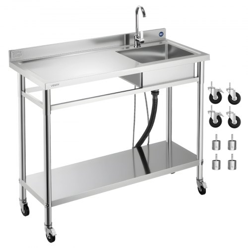 VEVOR kjøkkenvask i rustfritt stål, rullende kjøkkenvask med hjul, kran og varmt- og kaldtvannsrør, arbeidsbenk for garasje, restaurant, vaskerom, 1200 x 500 x 1055 mm