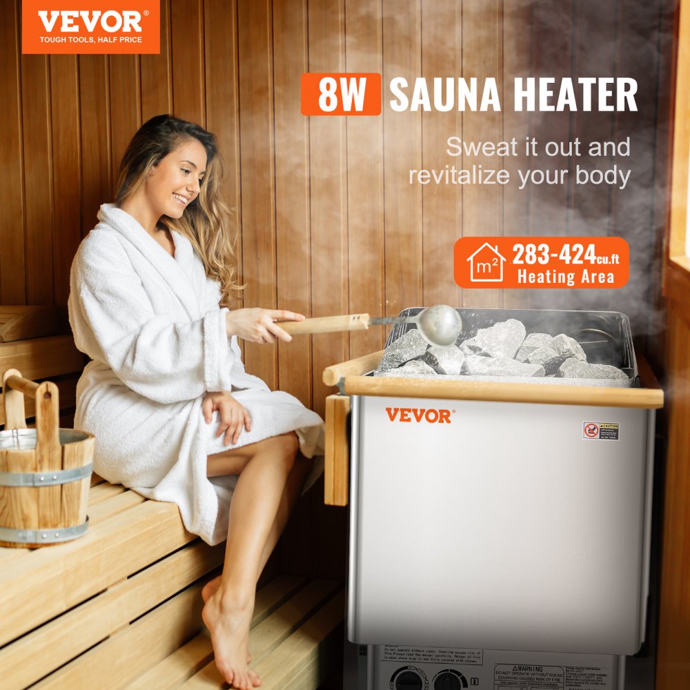 VEVOR badstuovn, 8 kW elektrisk badstuovn, 400 V 3 N bærbar innendørs/utendørs badstuovn med 3 timer, innebygde kontroller for 8–12 m³ hjem, kommersielt hotellspa-dusj, slitesterkt rustfritt stål 430