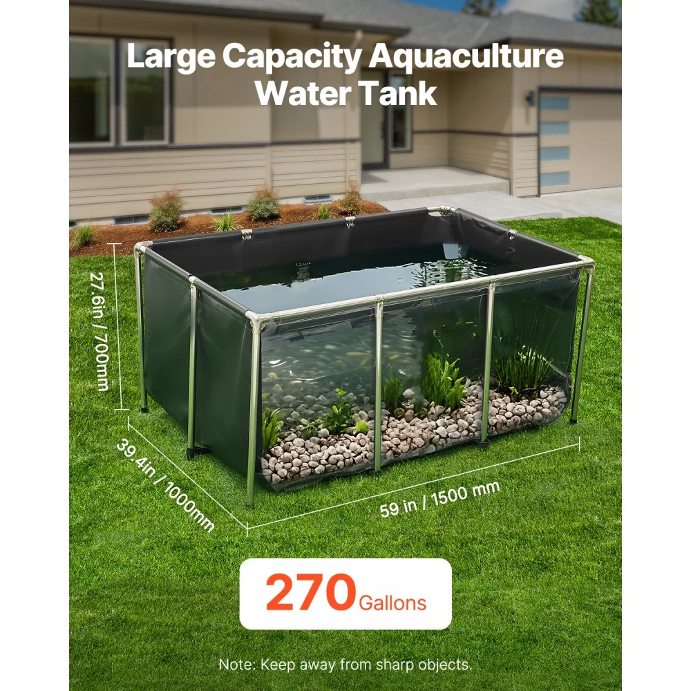 VEVOR Lerret Fiskedam, 270 Gallon Overjordisk Fiskedam, PVC Koi Tank med Gjennomsiktig Panel, Rektangulært Gullfisktank med Rustfritt Stålramme og Tappeventil, for Koi-avl, Vanning (Svart)