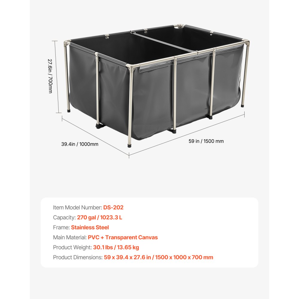 VEVOR Lerret Fiskedam, 270 Gallon Overjordisk Fiskedam, PVC Koi Tank med Gjennomsiktig Panel, Rektangulært Gullfisktank med Rustfritt Stålramme og Tappeventil, for Koi-avl, Vanning (Svart)
