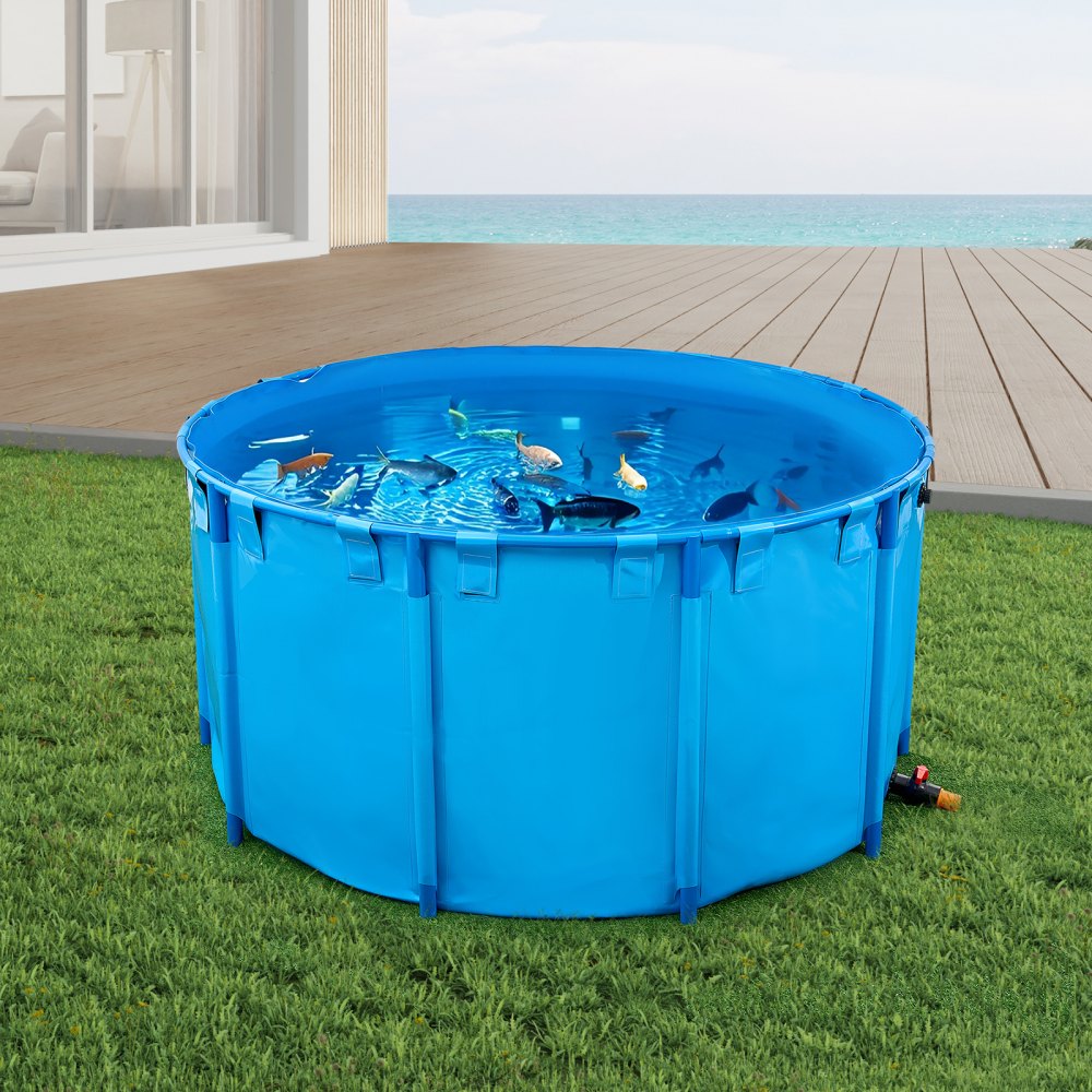 VEVOR Lerret Fiskedam, 818 Gallon Kapasitet Overjordisk Fiskedam, Sammenleggbar PVC Koi Tank, Rund Gullfisktank med Stabil Ramme og Tappeventil, for Akvakultur, Koioppdrett og Vanning (Blå)