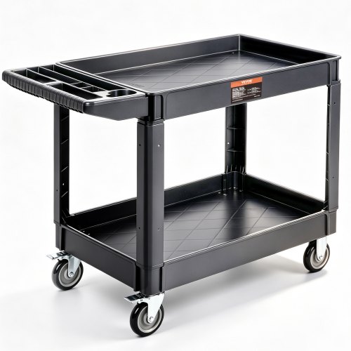 VEVOR servicevogn, 2 hyller 249,5 kg kraftig plastrullevogn med 360° svingbare hjul (2 med brems), stor hylle med kant, ergonomisk oppbevaringshåndtak for lager/garasje/rengjøring