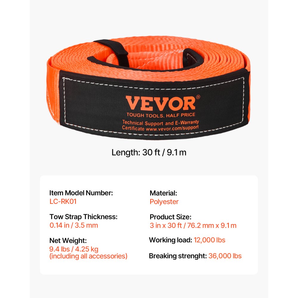 VEVOR kraftig slepestroppsett 76,2 mm x 9,1 m (MBS-16329 kg) trebeskyttervinsjstropp, trippelforsterket løkke og beskyttelseshylser og oppbevaringspose, 19 mm D-ringsjakler, for lastebil, jeep, SUV, ATV