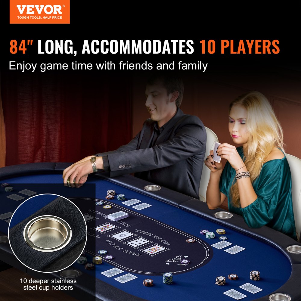 VEVOR Sammenleggbart pokerbord for 10 spillere, Blackjack Texas Holdem pokerbord med polstrede skinner og koppholdere i rustfritt stål, bærbart sammenleggbart kortspillbord, 84" ovalt kasinospillbord