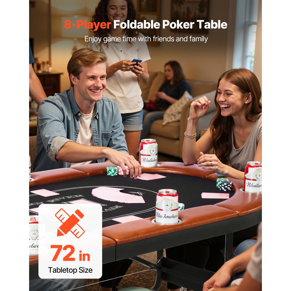 VEVOR sammenleggbart pokerbord, 8 spillere 1828,8 mm sammenleggbart kasinospillbord med polstrede skinner og koppholdere, ovale bærbare spillbord med filt- og metallben, for Texas Hold'em-spill og blackjack