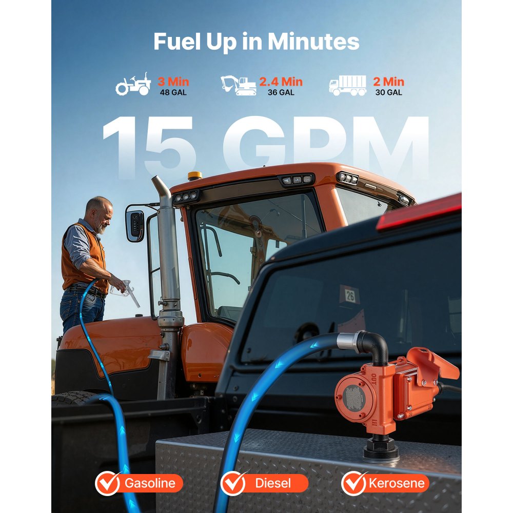 VEVOR drivstoffoverføringspumpe, 12V DC 57 L/min, støpejerns dieseloverføringspumpesett, med manuell dyse, utløpsslange, overopphetingsbeskyttelse, strømkabel, eksplosjonssikker, for bensin, diesel, parafin