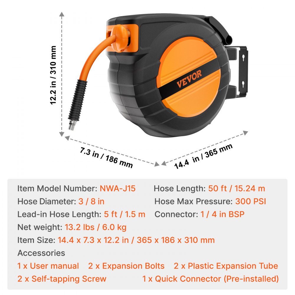VEVOR uttrekkbar luftslangetrommel, 3/8 tommer x 50 fot hybridluftslange maks 300 PSI, luftkompressorslangetrommel automatisk opprullbar med 5 fot innføring, tak-/veggmontert lukket PP-trommel og innebygd 180° svingbar brakett