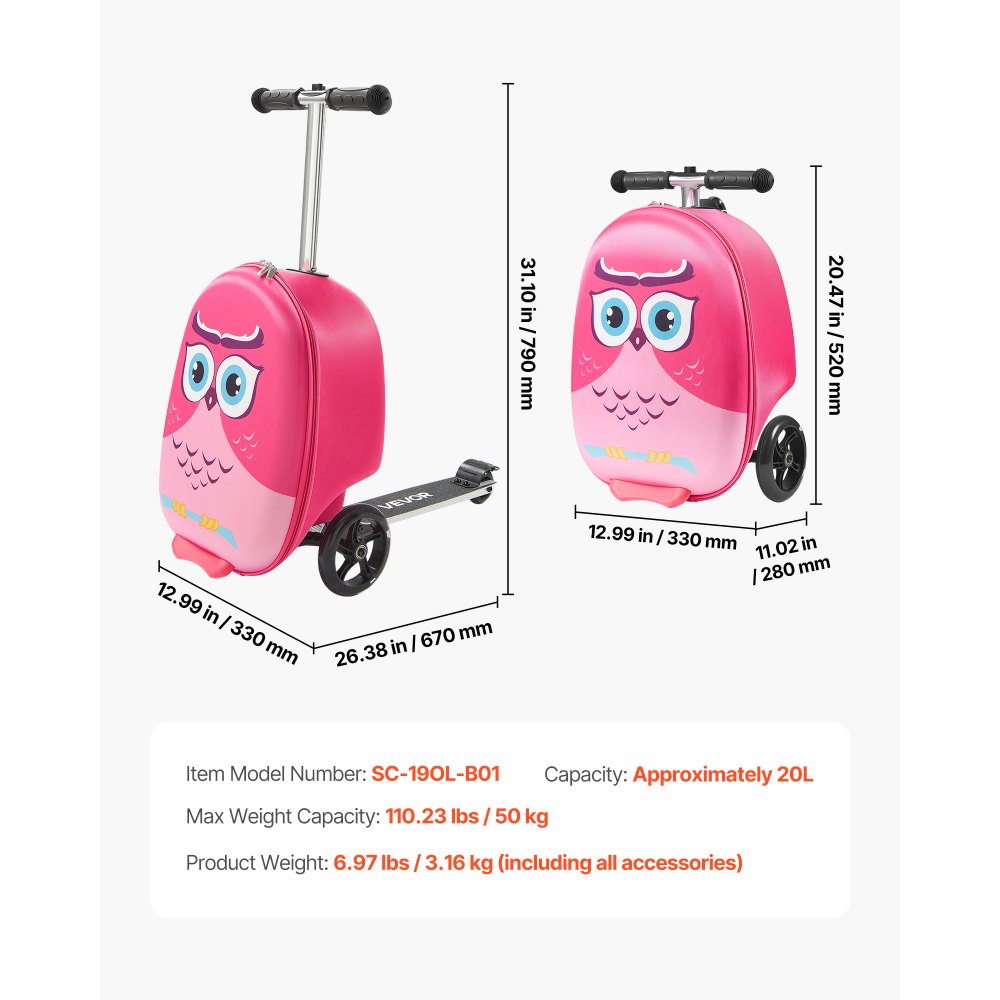 VEVOR Ride-on bagasje, 20 l kapasitet, 20 tommers barnekoffert med Flash PU-hjul, justerbart håndtak og TPR-sklisikkert grep, sammenleggbar og lett sparkesykkelbagasje for barn fra 5 år, rosa