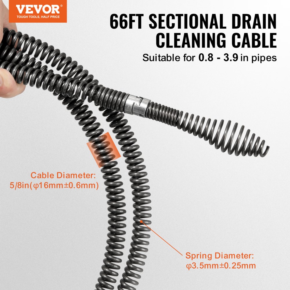 VEVOR Sectional Drain Cleaning Cable 66FT/20.1 m x 5/8In/1.6 cm & 7 Cutters for 0.8"-3.9"/2-10 cm Pipes