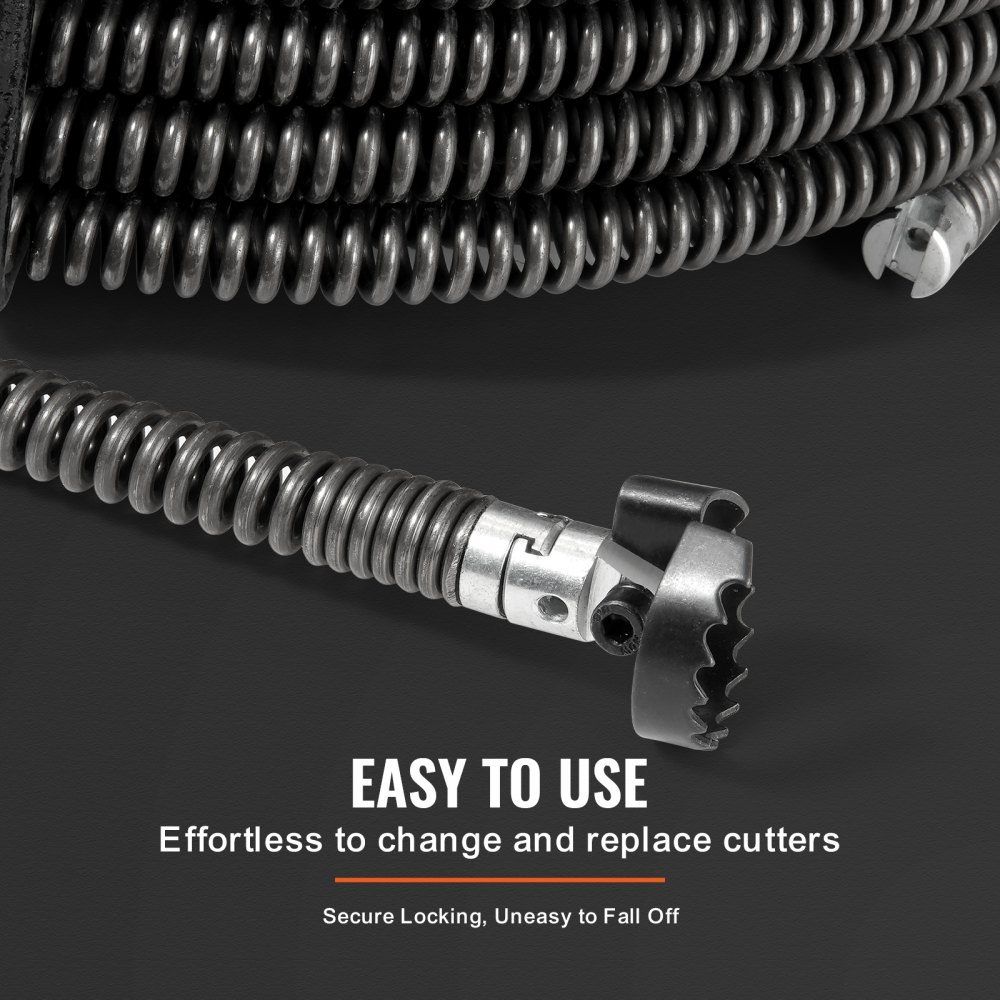 VEVOR Sectional Drain Cleaning Cable 66FT/20.1 m x 5/8In/1.6 cm & 7 Cutters for 0.8"-3.9"/2-10 cm Pipes