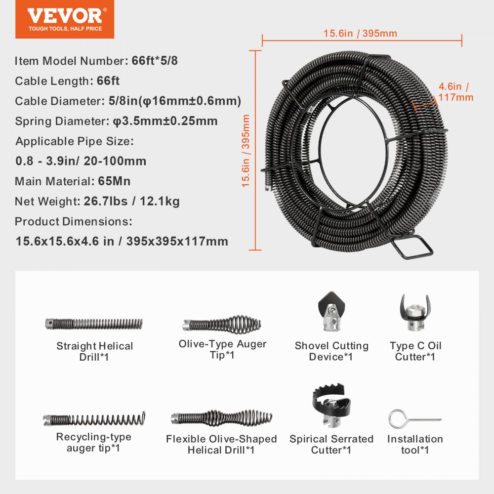 VEVOR Sectional Drain Cleaning Cable 66FT/20.1 m x 5/8In/1.6 cm & 7 Cutters for 0.8"-3.9"/2-10 cm Pipes