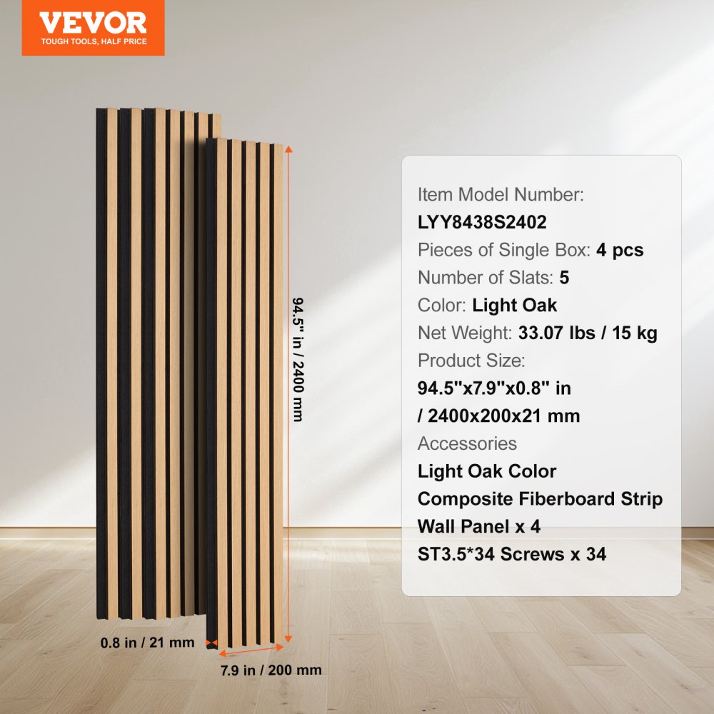 VEVOR akustiske paneler av trelameller, 7,9 x 94,5 tommer, MDF-aksentpaneler i tre for moderne innvendig veggdekor, veggplater i imitert tre for støyreduksjon, lys eik