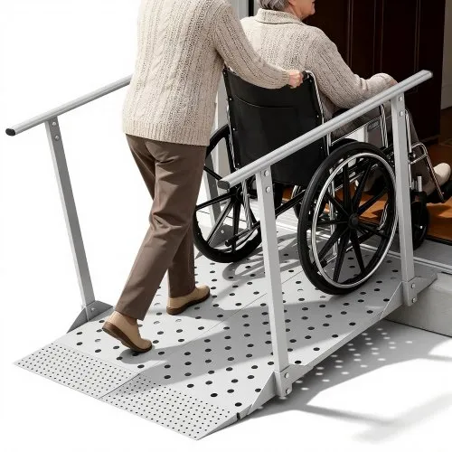 VEVOR rullestolrampe med rekkverk, 1140 x 850 mm, kraftig jernrampe for handikappede, 199,6 kg kapasitet, sklisikre, bærbare terskelramper for trapper, døråpninger, fortauskanter, rullatorer, sparkesykler