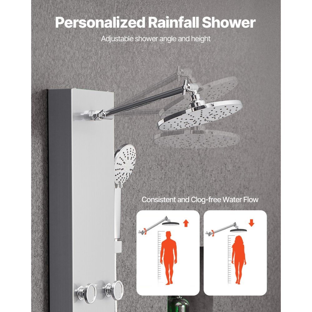 VEVOR Shower Panel Tower System with Rainfall Shower Head, 49 in Brushed Stainless Steel Shower Column, 3-Function Faucet, High Pressure Wall-Mount Rain Massage System with 6 Body Jets and Handheld
