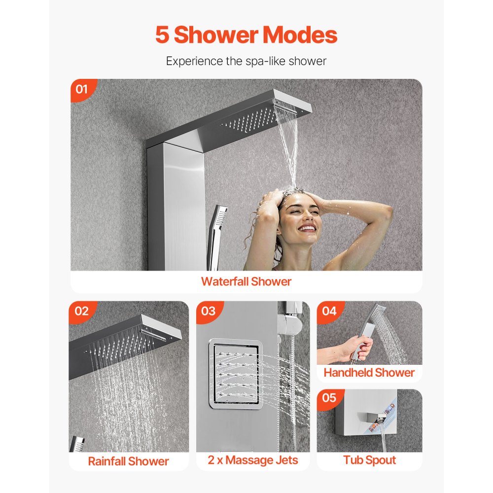 VEVOR Shower Panel Tower System with Rainfall Waterfall Shower Head, 53 in Brushed Stainless Steel Shower Column, 5-Function Faucet, Wall-Mount Rain Massage System with 2 Body Jet, Handheld, Tub Spout