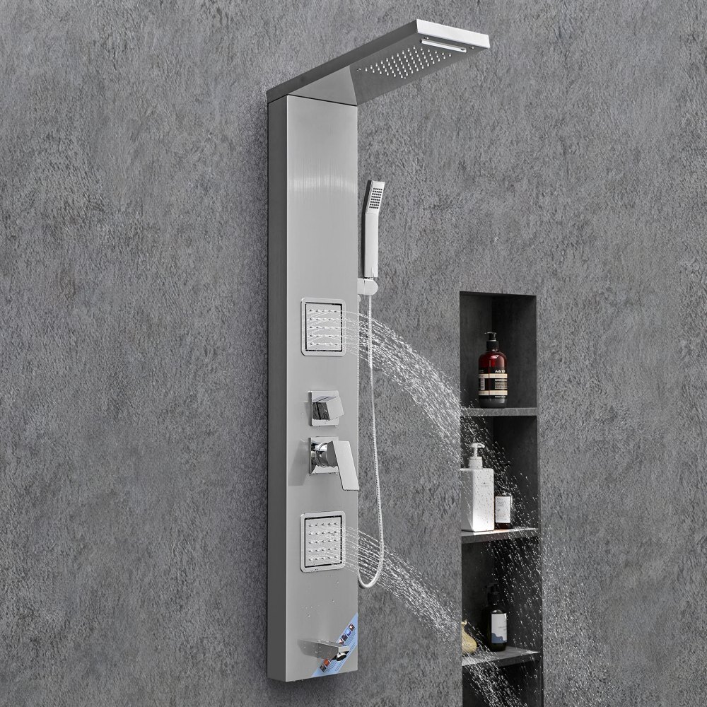 VEVOR Shower Panel Tower System with Rainfall Waterfall Shower Head, 53 in Brushed Stainless Steel Shower Column, 5-Function Faucet, Wall-Mount Rain Massage System with 2 Body Jet, Handheld, Tub Spout