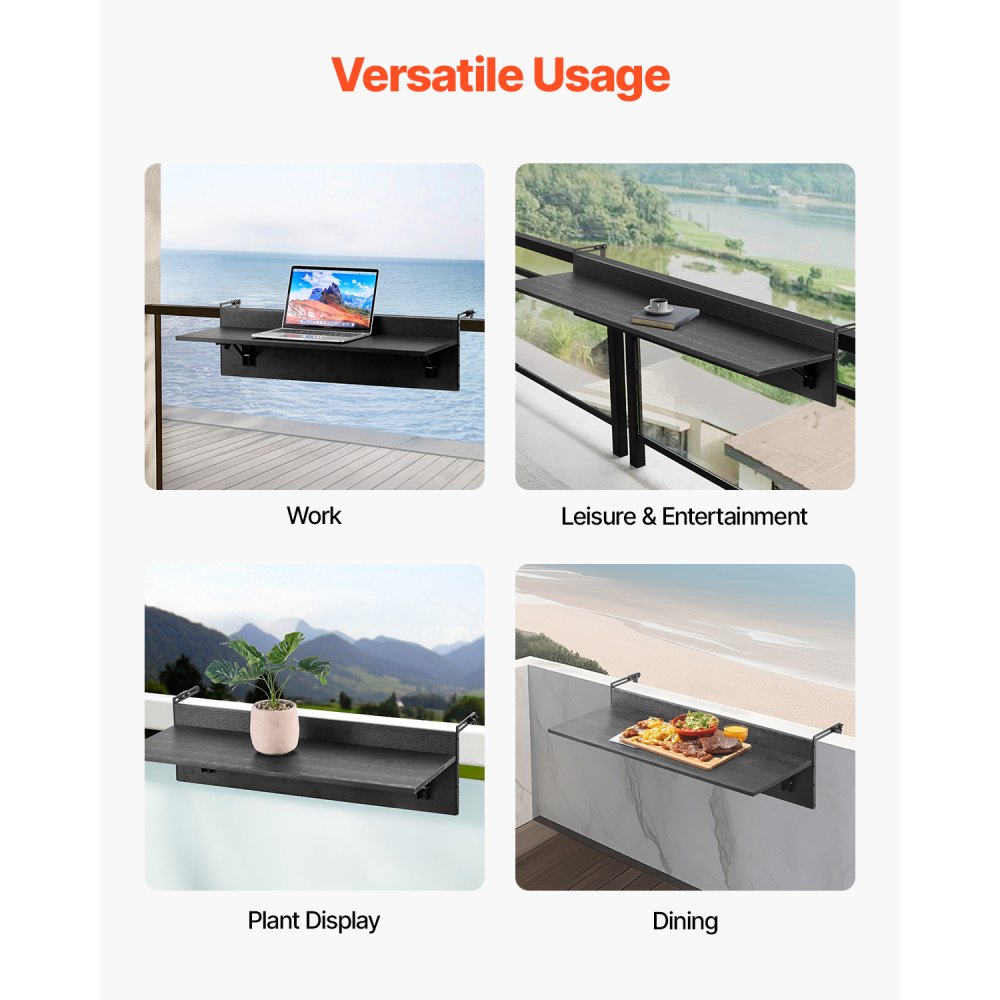 VEVOR Balkonghengebord, 30 x 80 cm sammenleggbart balkongrekkverksbord, utendørs balkongbarbord for rekkverk, 22,5 kg lasting, passer til rekkverk fra 2,5 til 10,5 cm, serveringsbord for terrasse og dekk
