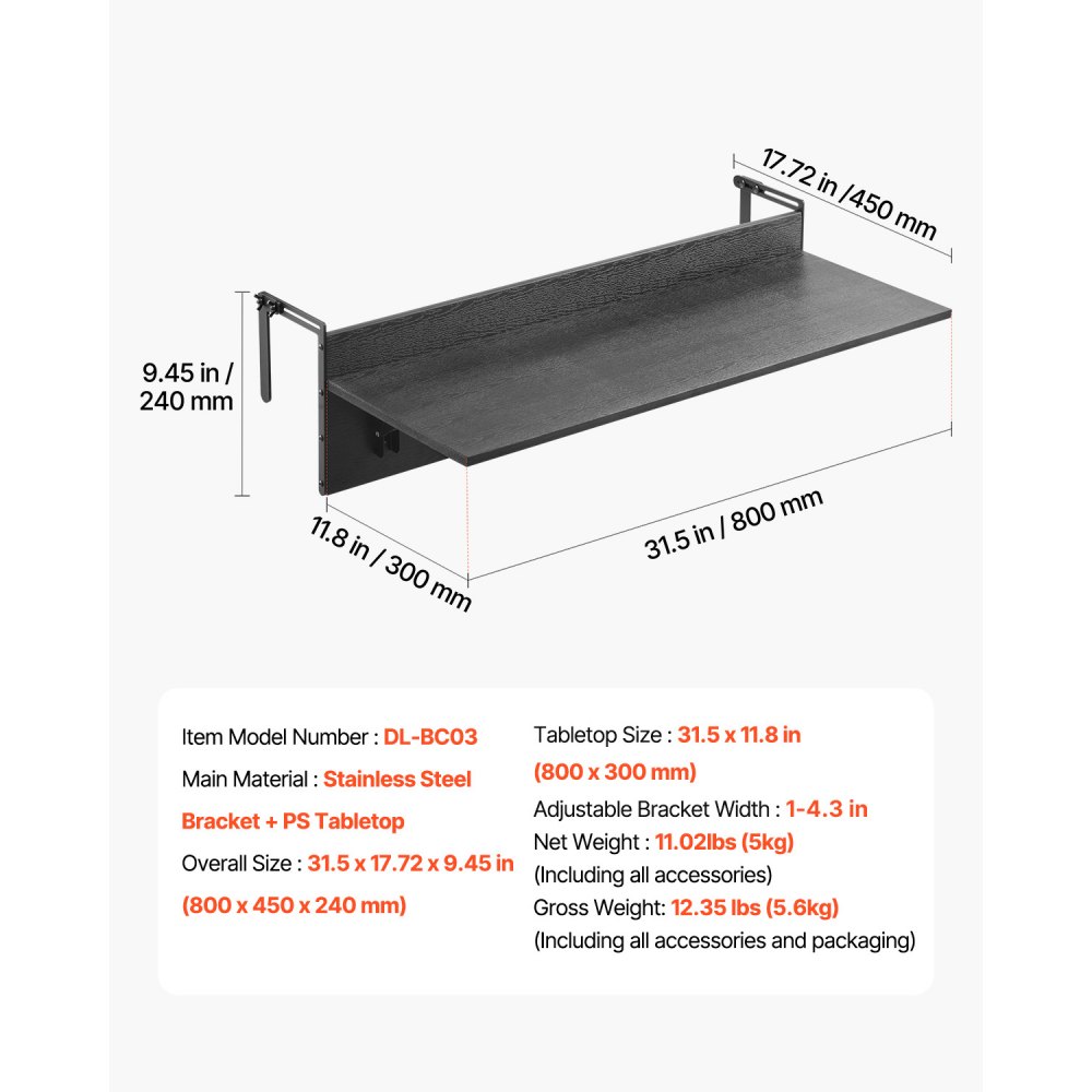 VEVOR Balkonghengebord, 30 x 80 cm sammenleggbart balkongrekkverksbord, utendørs balkongbarbord for rekkverk, 22,5 kg lasting, passer til rekkverk fra 2,5 til 10,5 cm, serveringsbord for terrasse og dekk