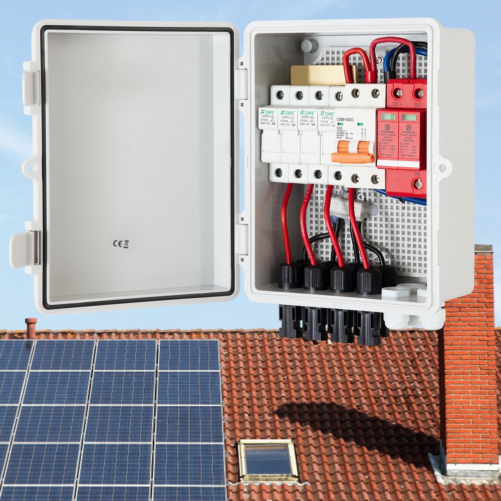 VEVOR PV-kombinasjonsboks, 4-strengs, solcellekombinasjonsboks med 15A nominell strømsikring, 63A sikringsbryter, lynavleder og solcellekontakt, for solcellepanelsystem på/av nettet, IP65 vanntett 17 x 23 x 11 cm