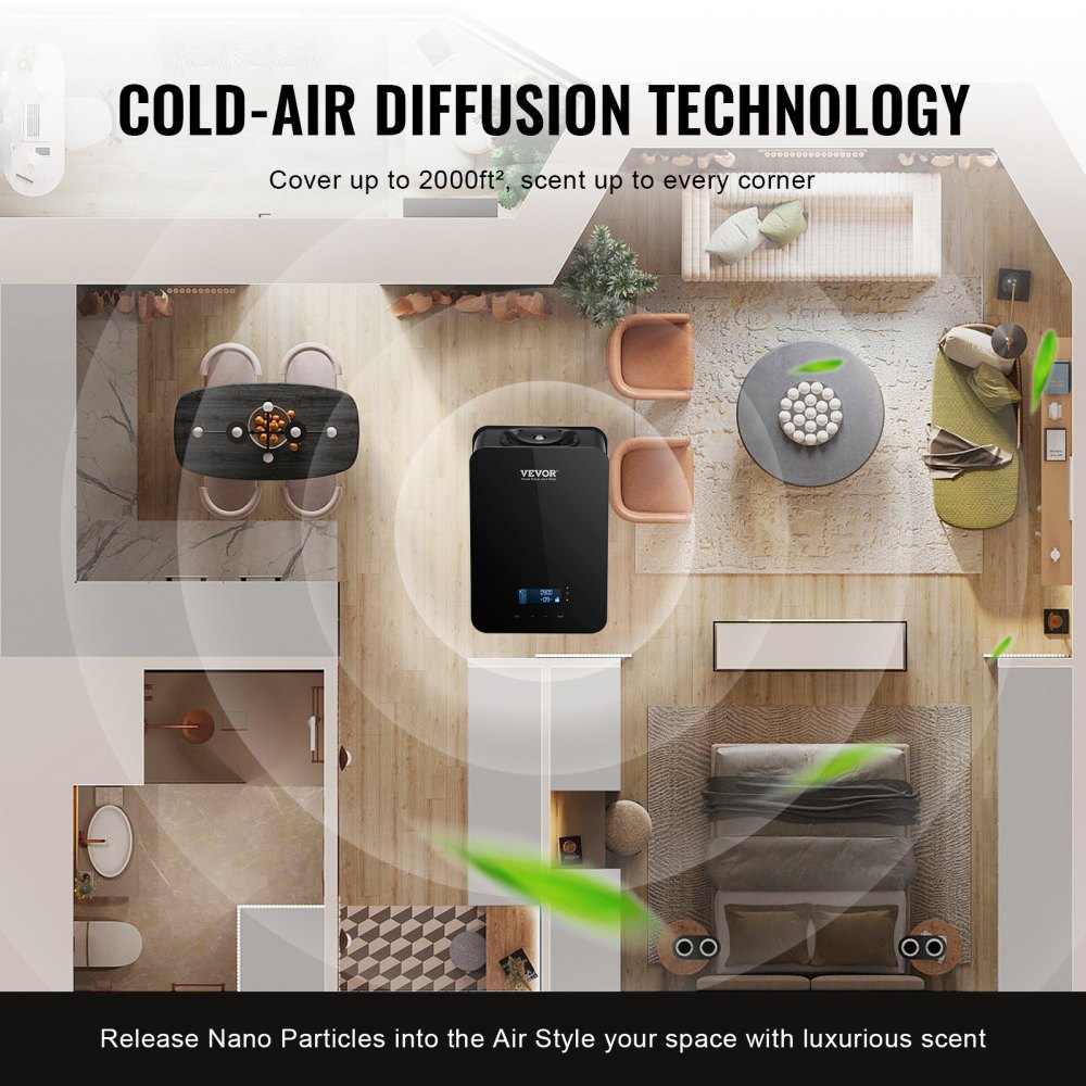 VEVOR Upgrade HVAC duftdiffuser, smart duftluftmaskin for hjemmet, 180 ml med kaldluftteknologi, vannfri eterisk oljediffuser, dekker opptil 180 kvm for stue, kontor, spa, hotell