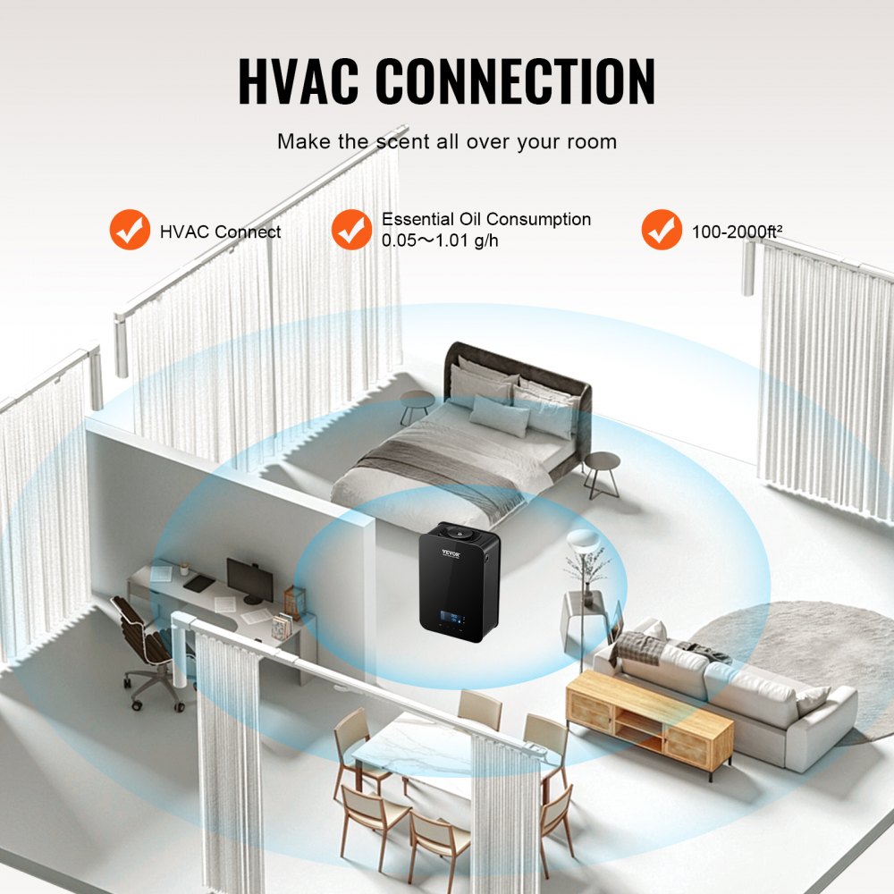 VEVOR Upgrade HVAC duftdiffuser, smart duftluftmaskin for hjemmet, 180 ml med kaldluftteknologi, vannfri eterisk oljediffuser, dekker opptil 180 kvm for stue, kontor, spa, hotell