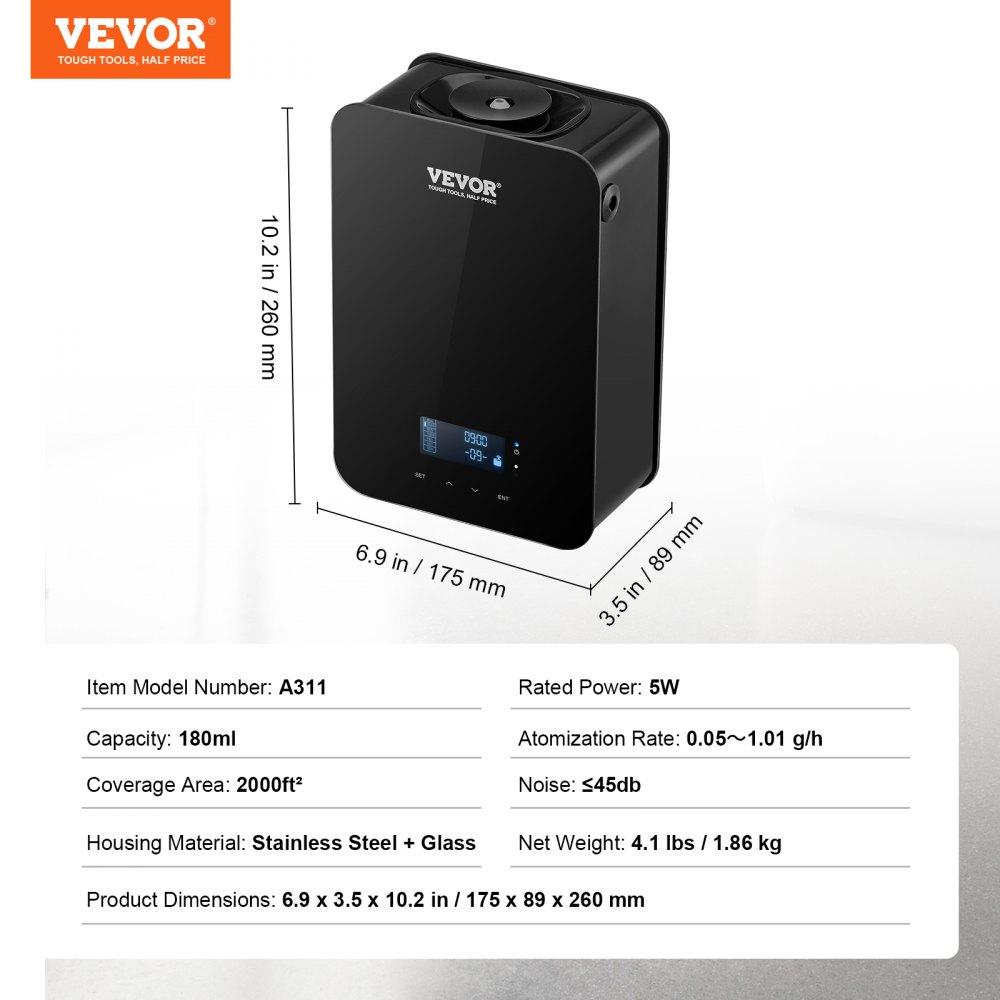 VEVOR Upgrade HVAC duftdiffuser, smart duftluftmaskin for hjemmet, 180 ml med kaldluftteknologi, vannfri eterisk oljediffuser, dekker opptil 180 kvm for stue, kontor, spa, hotell