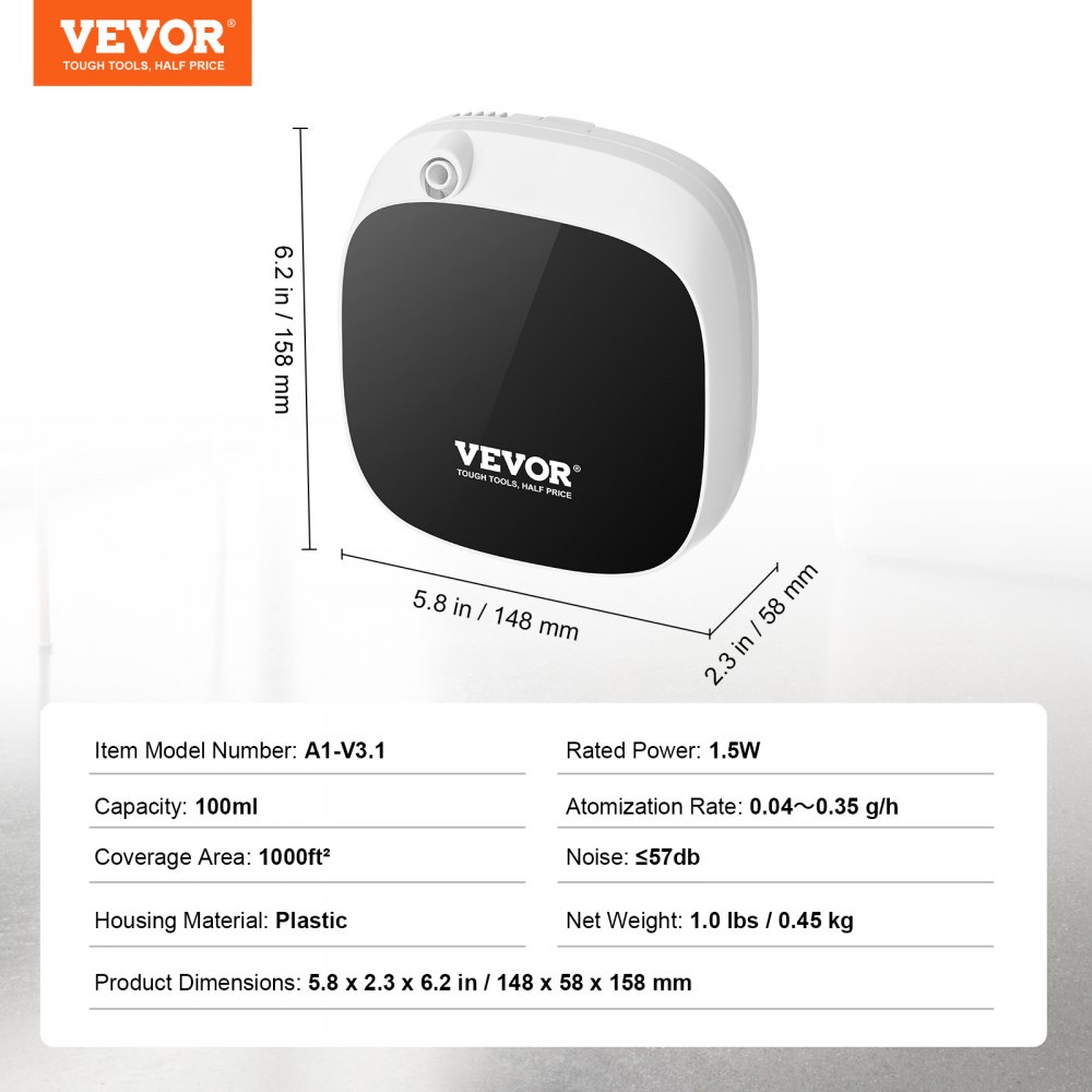 VEVOR Duftluftmaskin for hjemmet 100 ml kaldluftdiffuser 1000 kvm vannløs