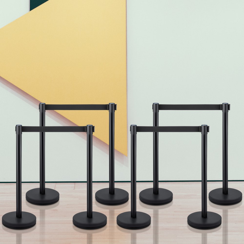 VEVOR avsperring for folkemengder, sett med 8 deler, med 2 m svart uttrekkbart belte, svart barriere for folkemengder med betong- og metallbase, enkel tilkobling