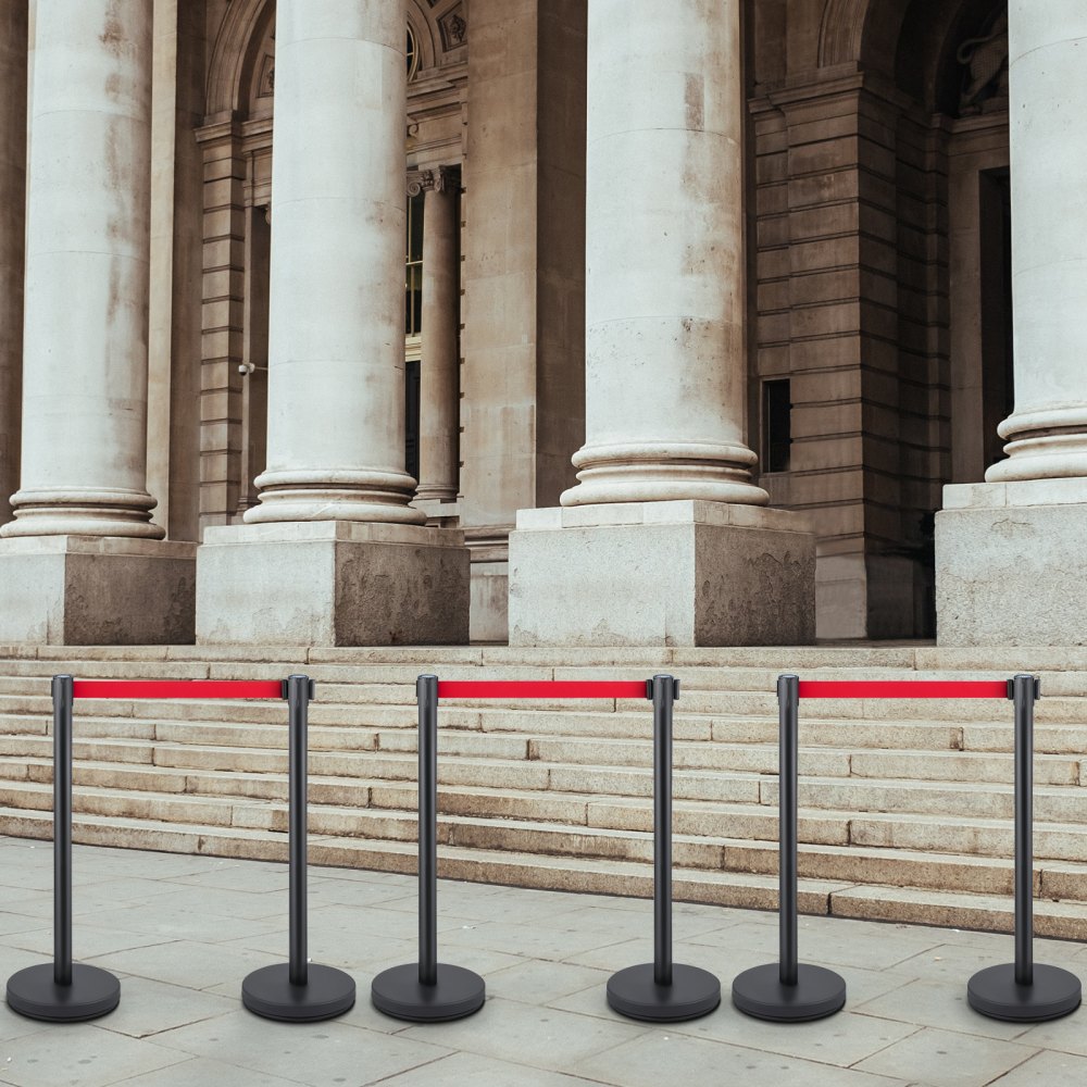VEVOR Crowd Control Stanchion, Set of 6 Pieces Stanchion Set, Stanchion Set with 6.6 ft/2 m Red Retractable Belt, Black Crowd Control Barrier with Rubber Base – Easy Connect Assembly for Crowd Control