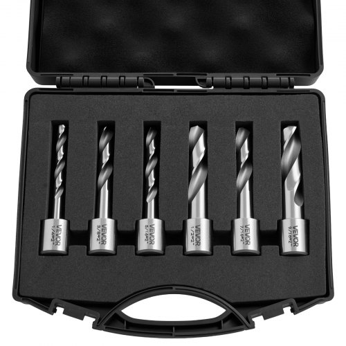 VEVOR ringformet kuttersett, 6 deler Weldon Shank Mag-borsett, 50,8 mm skjæredybde, 6,35 mm til 14,28 mm skjærediameter, HSS, 6 bor med plasthus, for magnetiske driller, stål, aluminium