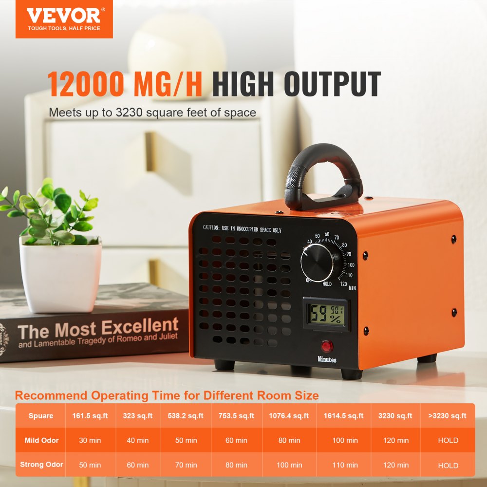 VEVOR ozongenerator, 12000 mg/t ozonmaskin luktfjerner, kommersiell/industriell ozongenerator med høy kapasitet, luftioniseringsmaskin for hjemmet med tidsinnstilling på 0–120 minutter for rom, biler, kjæledyr
