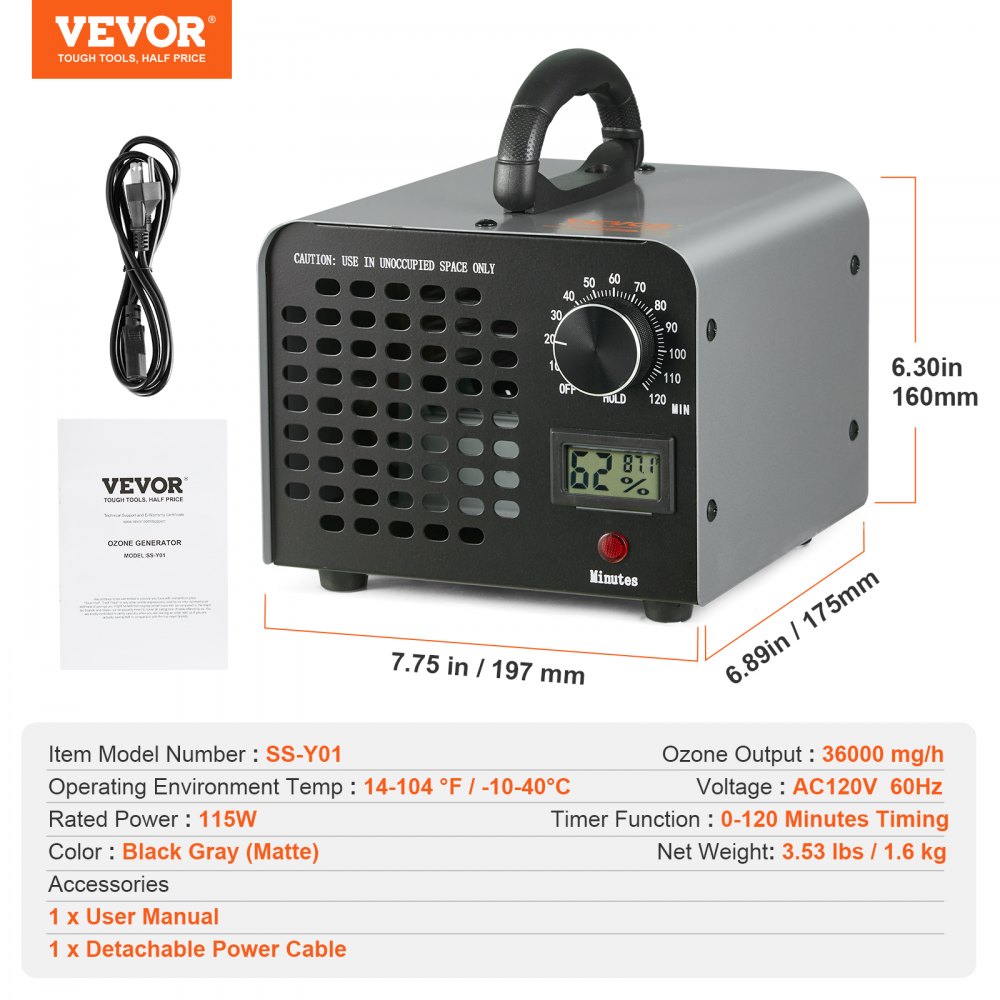 VEVOR ozongenerator 36000 mg/t ozonmaskin luktfjerner med 0-120 min timer