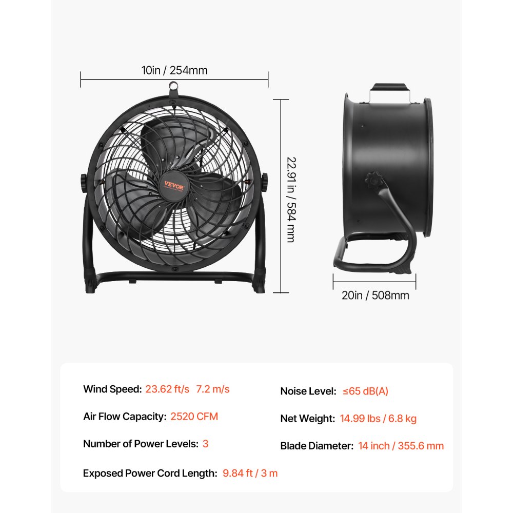VEVOR gulvvifte, 3 hastigheter høyhastighets kraftig 14-tommers industriell vifte, 2520 CFM 360° justerbar vipp 23,62 ft/sek luftstrøm stor metallvifte, for hjem, treningsstudio, kontor, garasje, kommersielt verksted og soverom