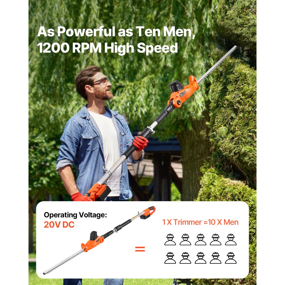VEVOR Electric Hedge Trimmer, 1200 RPM, 6.2 - 7.8 Ft Extendable, Pole Hedge Trimmer for High Branch, 20V Battery, Cordless Hedge Trimmer with 20 in Blade, 5 Angles Adjustable for Yard Garden