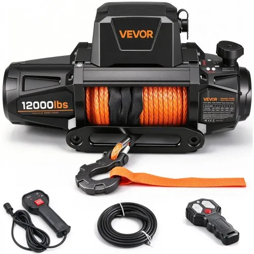 VEVOR elektrisk vinsj, 5400 kg lastekapasitet, 12V DC lastebilvinsj med Φ9,5 mm x 28 m syntetisk tau, trådløs og kablet fjernkontroll, IP68 vanntett for tauing av terreng-SUV, jeep, tilhenger, båt