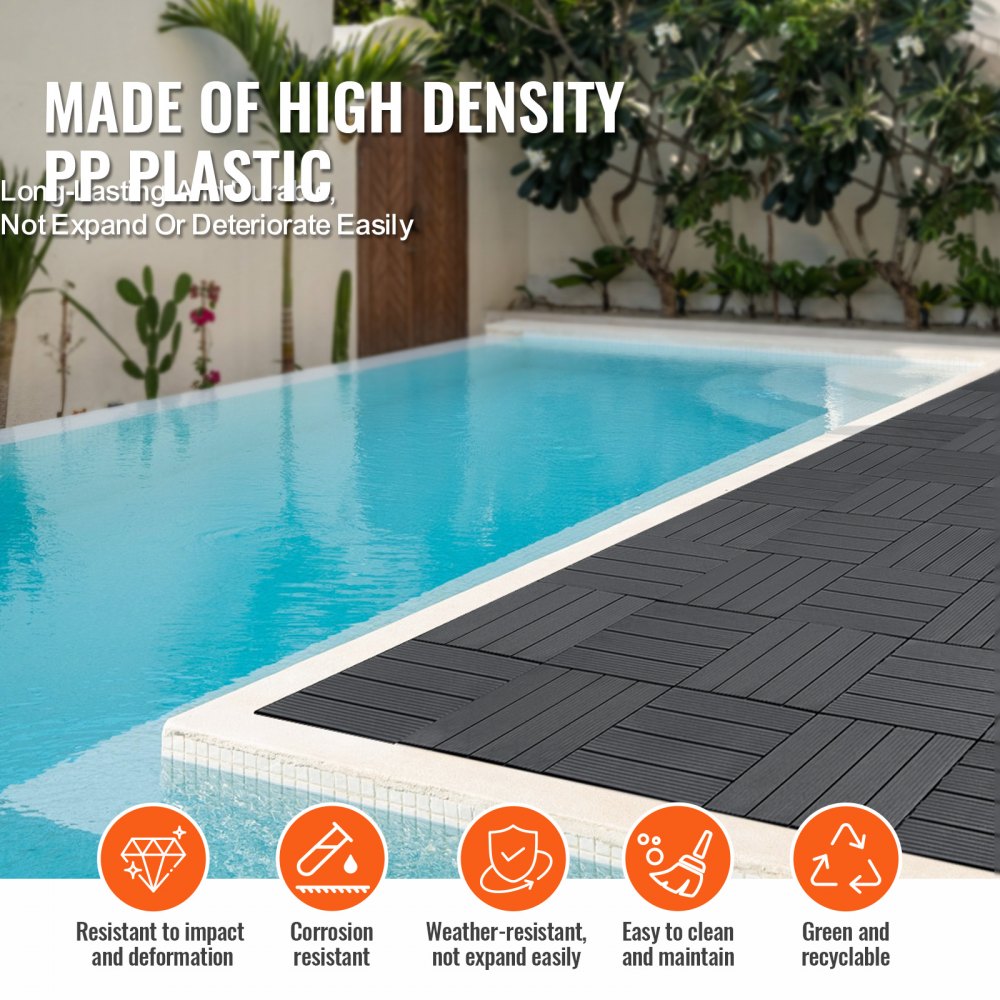 VEVOR Sammenlåsende terrassefliser, 36-pakning, 11,6"x11,6" 36 kvm plast vanntett utendørs gulvbelegg allværsbruk, terrassegulvbelegg fliser for veranda bassengkant balkong bakgård, mørkegrå