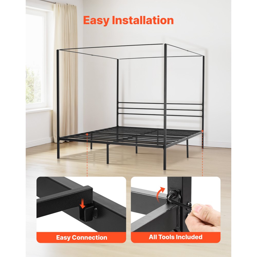 VEVOR King Size himmelsengramme, metallhimmelseng med himmelsengdesign, kraftig stållamellstøtte, oppbevaringsplass under sengen, ingen boksmadrass nødvendig, enkel montering, svart