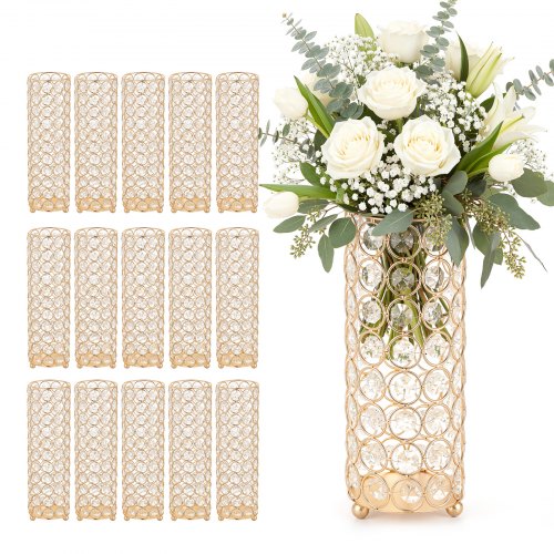 VEVOR 16 stk. krystallblomstervase i bryllup, 26 cm høye blomsterbordsdekorasjoner, krystallsylindervaser til bankett, enkel installasjon, allsidig stativ for festarrangementer, hjemmedekor, gull