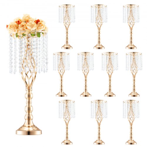 VEVOR 10 stk. 55 cm/21,65 tommer høy krystallblomsterstativ til bryllup, vase til midtpunkt i metall, gullfargede blomsterholdere til blomsterutstilling, til bord, bryllupsmiddag, seremoni, bursdagsarrangementdekor