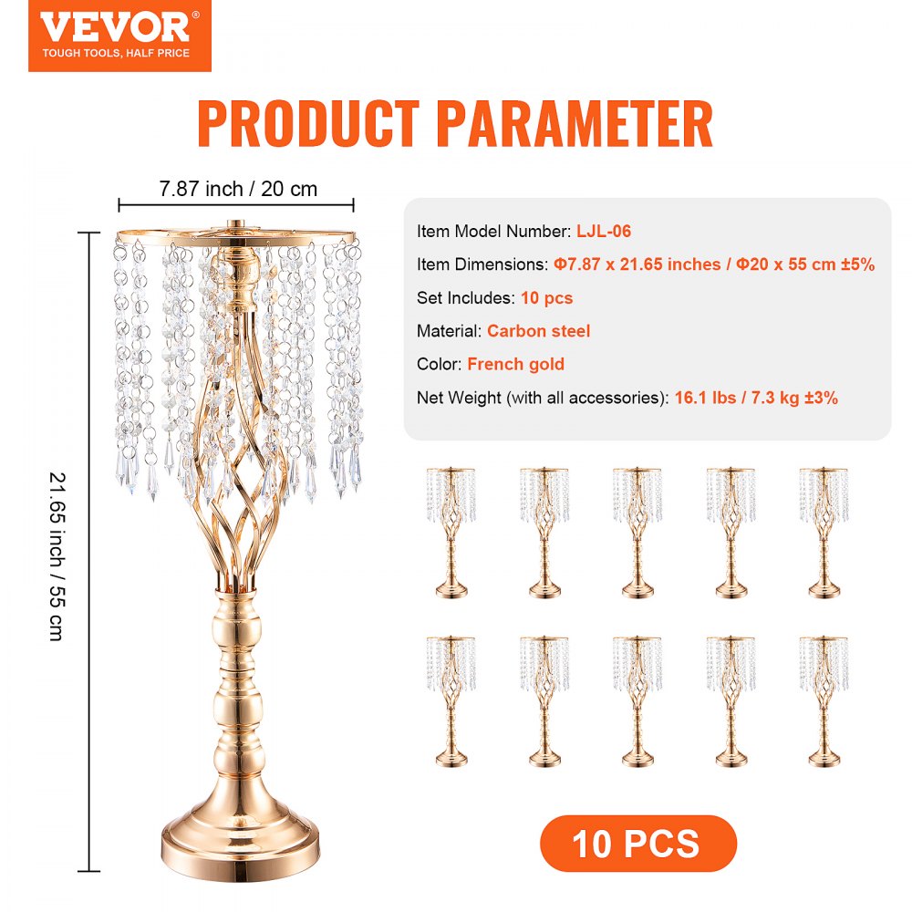 VEVOR 10 stk. 55 cm/21,65 tommer høy krystallblomsterstativ til bryllup, vase til midtpunkt i metall, gullfargede blomsterholdere til blomsterutstilling, til bord, bryllupsmiddag, seremoni, bursdagsarrangementdekor