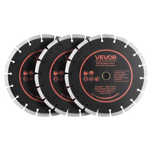 VEVOR diamantsagblad 230 mm, 3-pakning sagbladsett for betong, 22,2 mm spindel, diamantsegmenter med høy hardhet, 65Mn stålkjerne, tørr og våt skjæring, rene kanter for betong, murverk, murstein, stein, granitt