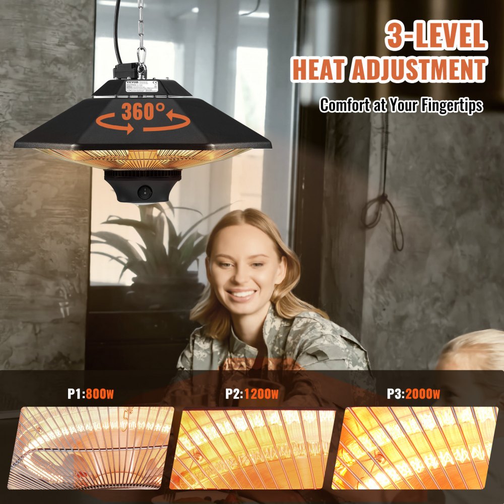 VEVOR Hengende Terrassevarmer, 2000W Fjernkontroll Utendørs/Innendørs Elektrisk Infrarød Varmeapparat, IP34 Beskyttelse Takvarmer med Snor og Justerbar Kjede, For Veranda, Terrasse, Spisestue, Studio