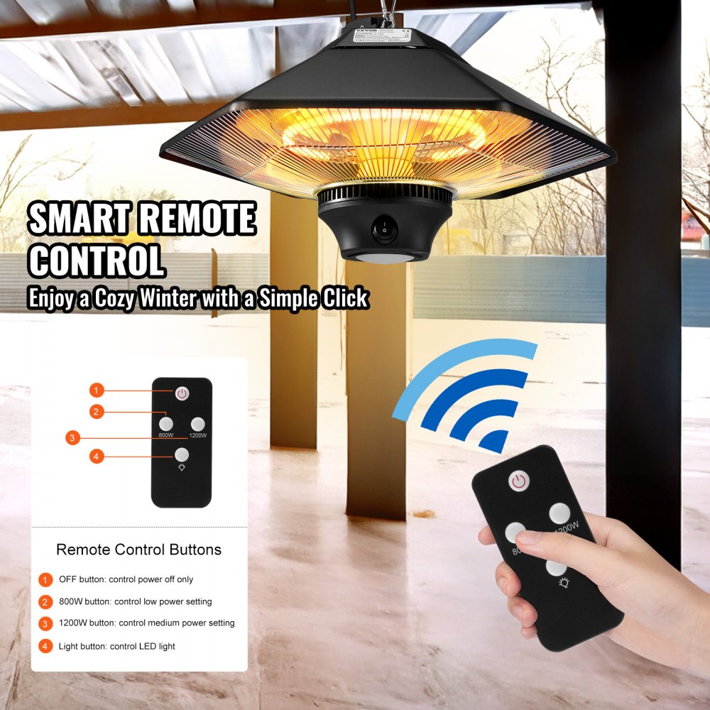 VEVOR Hengende Terrassevarmer, 2000W Fjernkontroll Utendørs/Innendørs Elektrisk Infrarød Varmeapparat, IP34 Beskyttelse Takvarmer med Snor og Justerbar Kjede, For Veranda, Terrasse, Spisestue, Studio